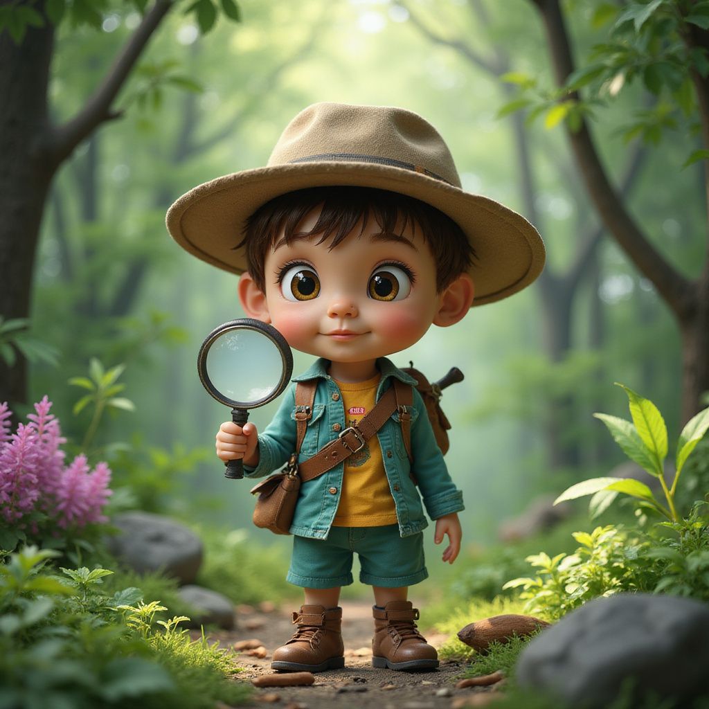 Joven explorador con lupa, sombrero marrón y mochila, de pie en un sendero forestal, rodeado de vegetación.