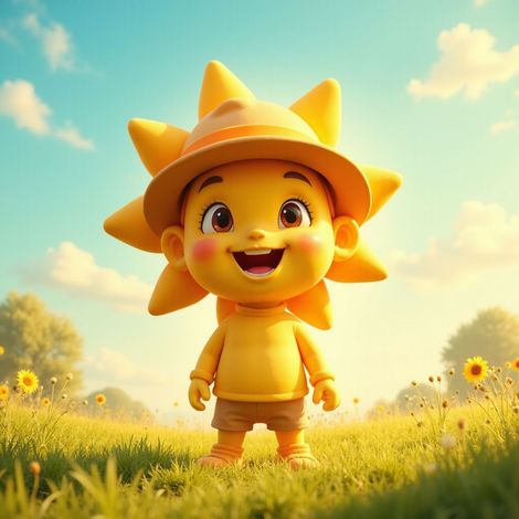 Personaje de dibujos animados de sol sonriente en un campo de girasoles, con sombrero, en un día soleado.
