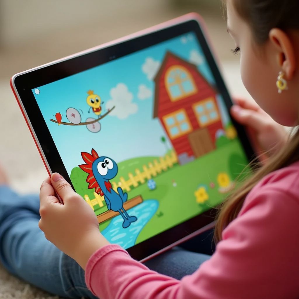 Niño sosteniendo una tableta, viendo una caricatura colorida de una escena de granja.