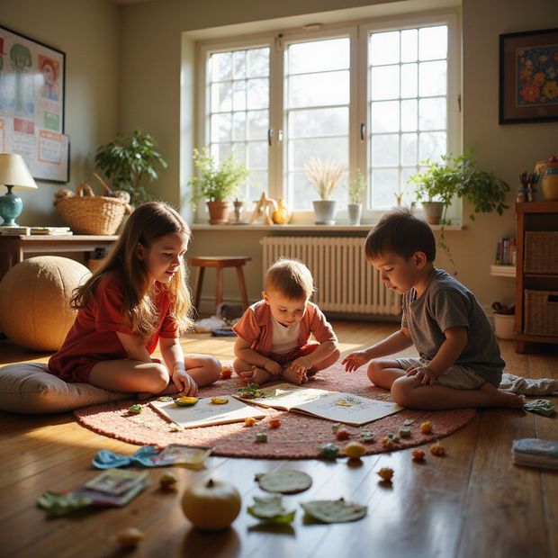 Tres niños jugando sobre una alfombra cerca de una ventana con la luz del sol entrando a raudales; rodeados de juguetes.