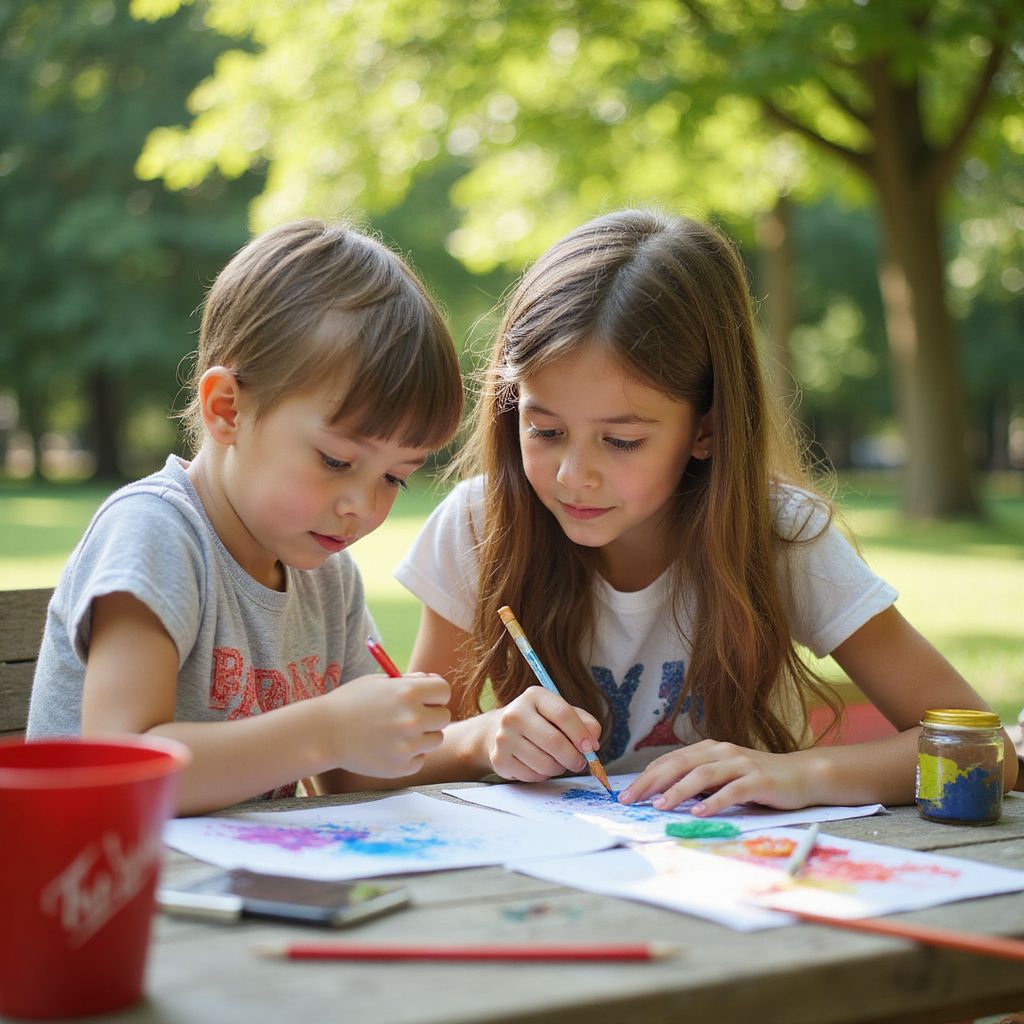 Dos niños coloreando en una mesa al aire libre, día soleado.