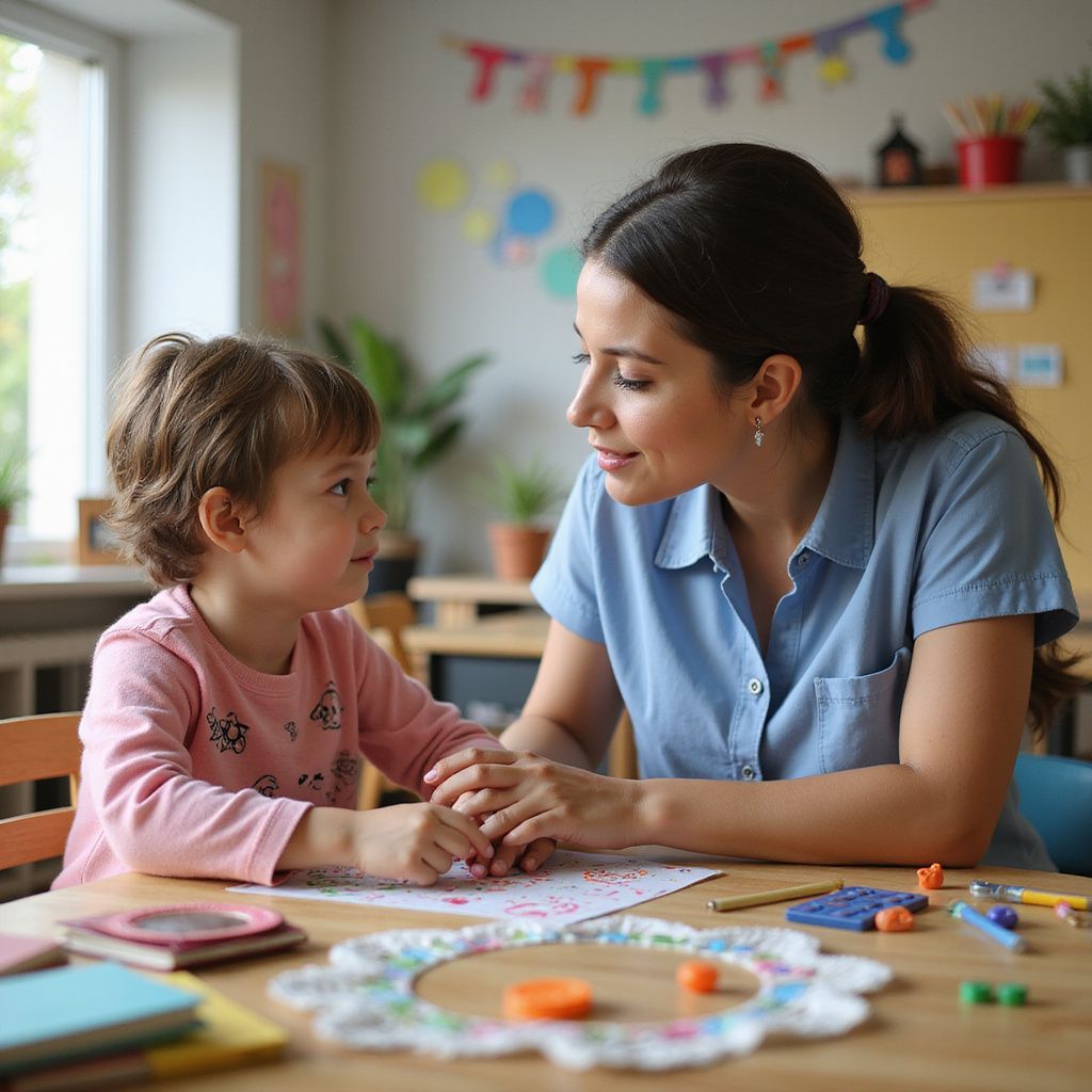 Una mujer y un niño están sentados a una mesa contemplando una obra de arte. La mujer sonríe y le toma la mano al niño.