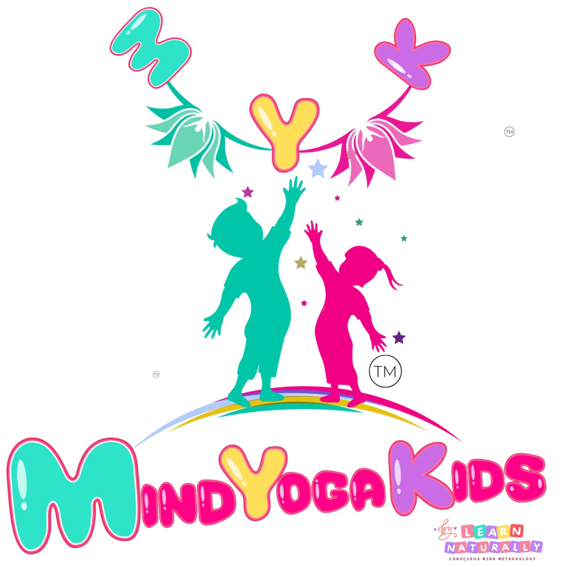 Logotipo de Mind Yoga Kids, que muestra a dos niños que alcanzan las letras 