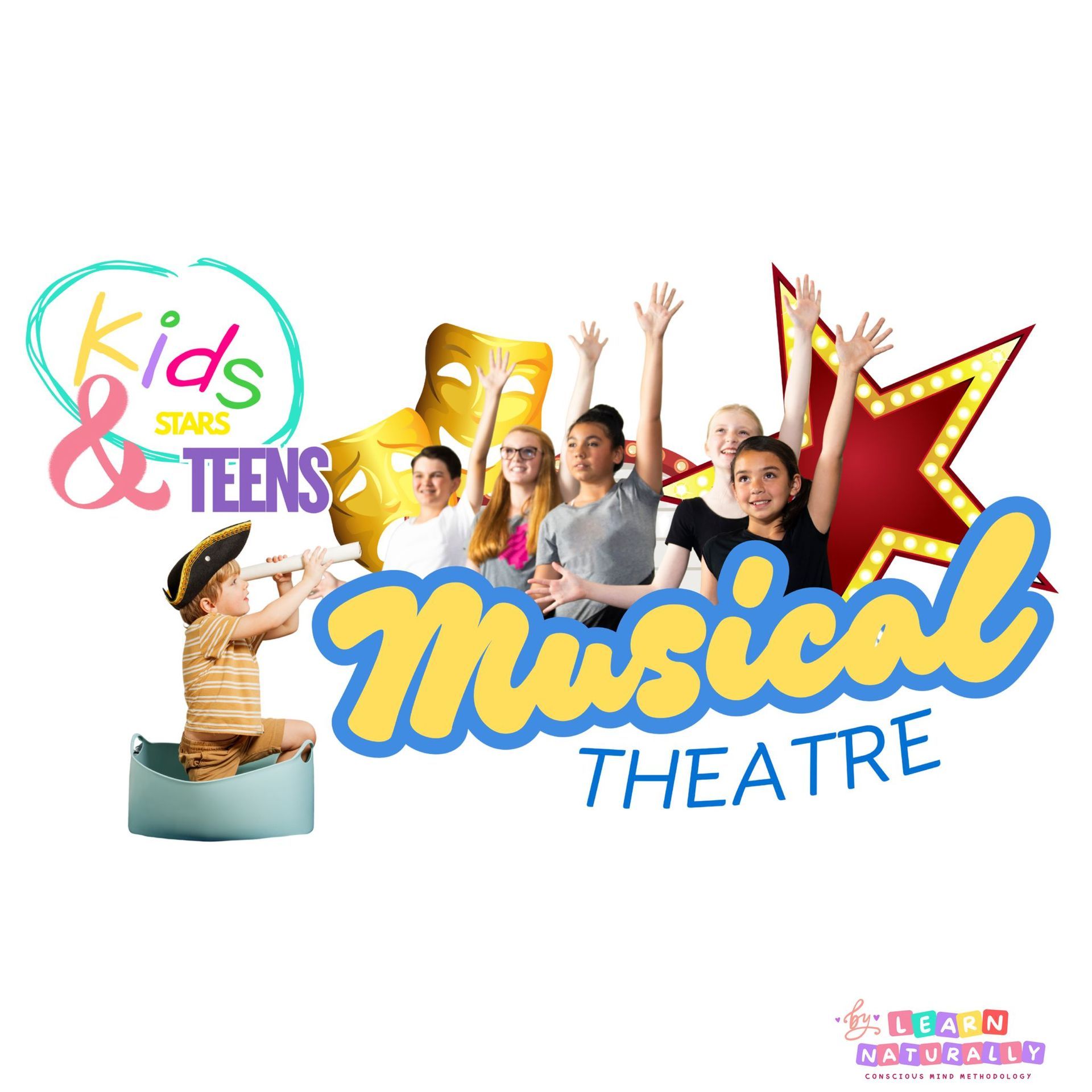 Logotipo de teatro musical con diversos adolescentes, estrellas y niños tocando la trompeta.