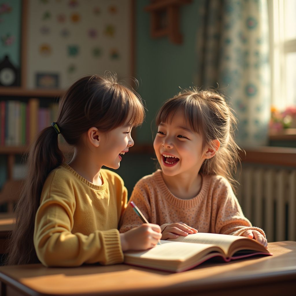 Dos chicas se ríen mientras leen un libro en un escritorio en un salón de clases.