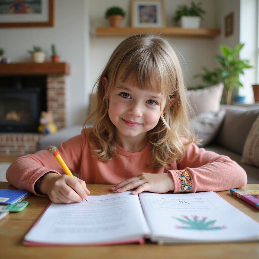 Chica con cabello rubio escribiendo en un cuaderno, sonriendo, en el interior, con plantas de fondo.