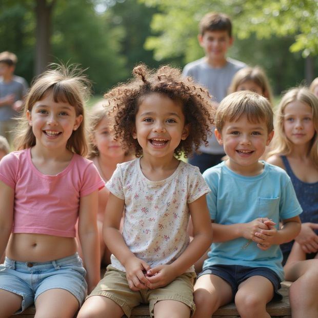 Niños sonrientes sentados al aire libre. Niña con camisa rosa, niño de pelo rizado, niño con camisa azul. Otros niños al fondo.