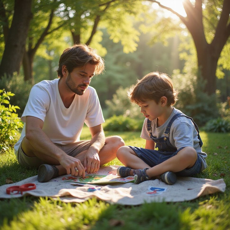 Un hombre y un niño juegan sentados sobre una manta en un parque. La luz del sol se filtra entre los árboles.