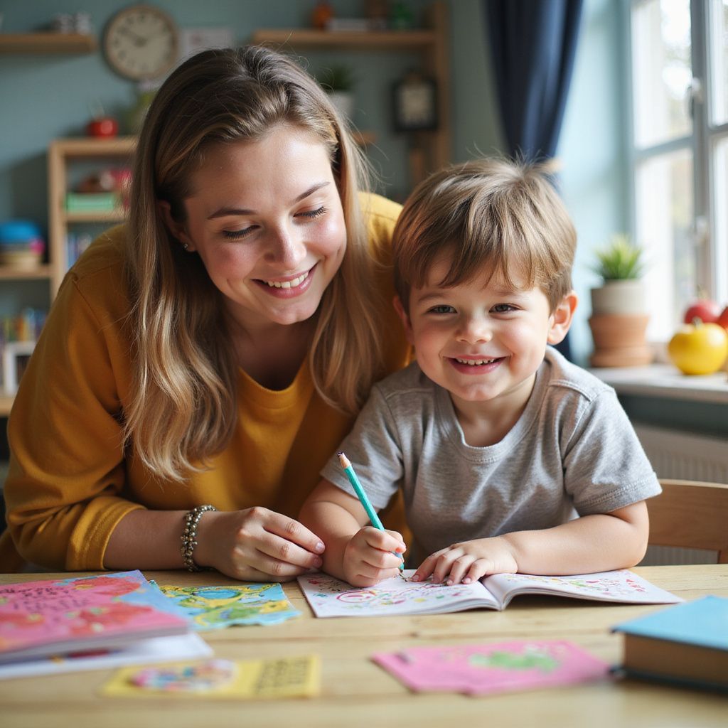 Mujer y niño pequeño sonriendo, dibujando juntos en una mesa. Habitación luminosa, libros y lápiz.
