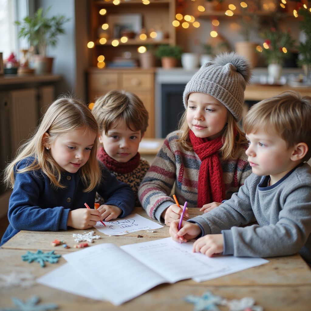 Cuatro niños en una mesa dibujando con crayones. Uno lleva gorro y bufanda de punto. Ambiente festivo con luces.