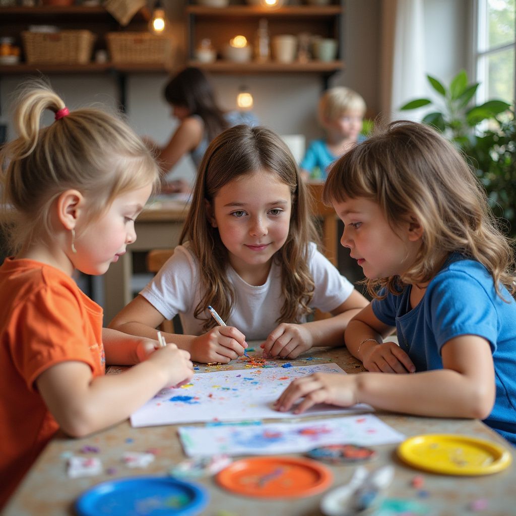 Tres niños pequeños dibujando juntos en una mesa. Colores brillantes, expresiones concentradas, ambiente interior.