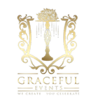 The logo for graceful events shows a candle holder with flowers on it.