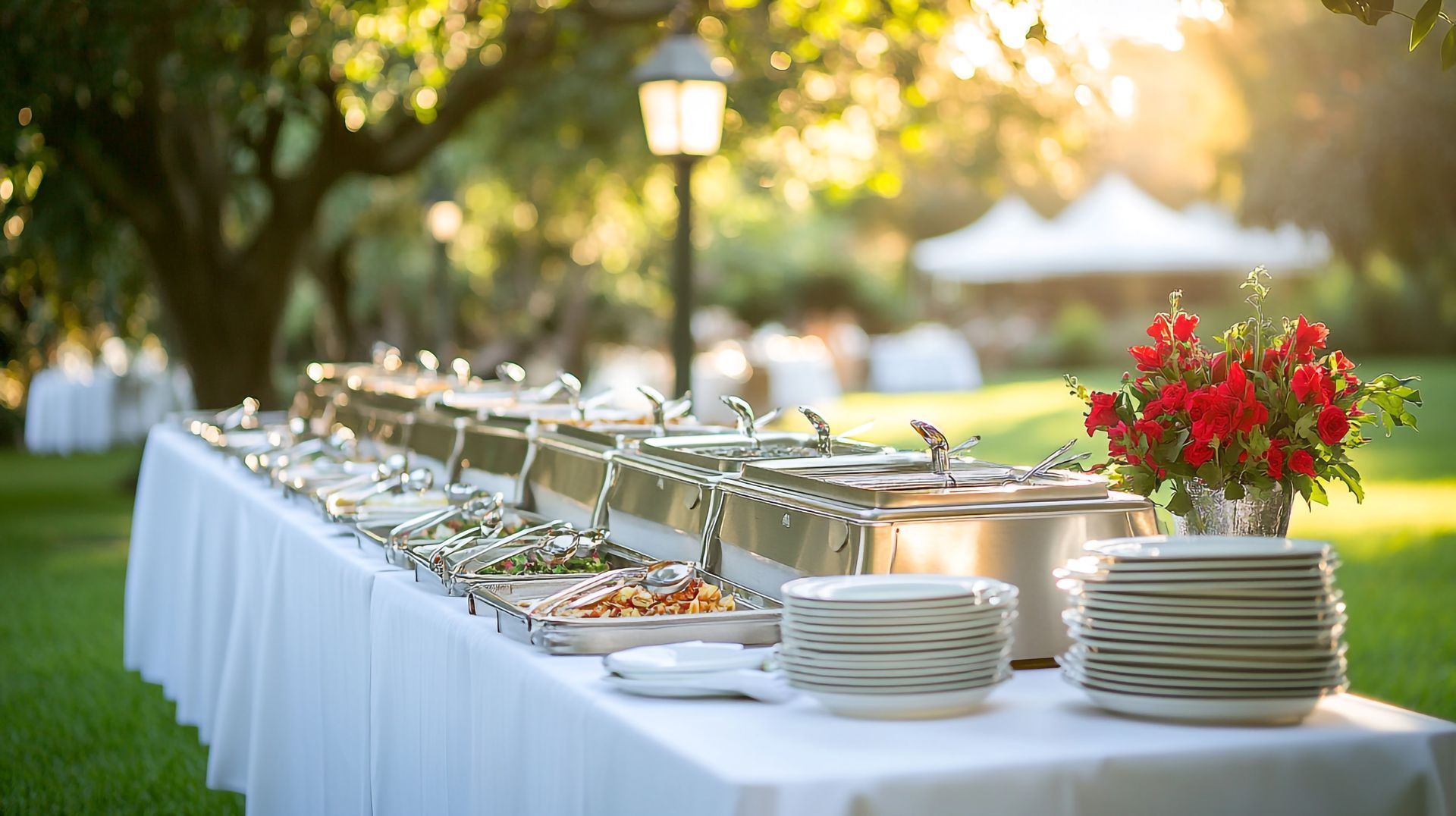 A long table filled with plates and trays of food.