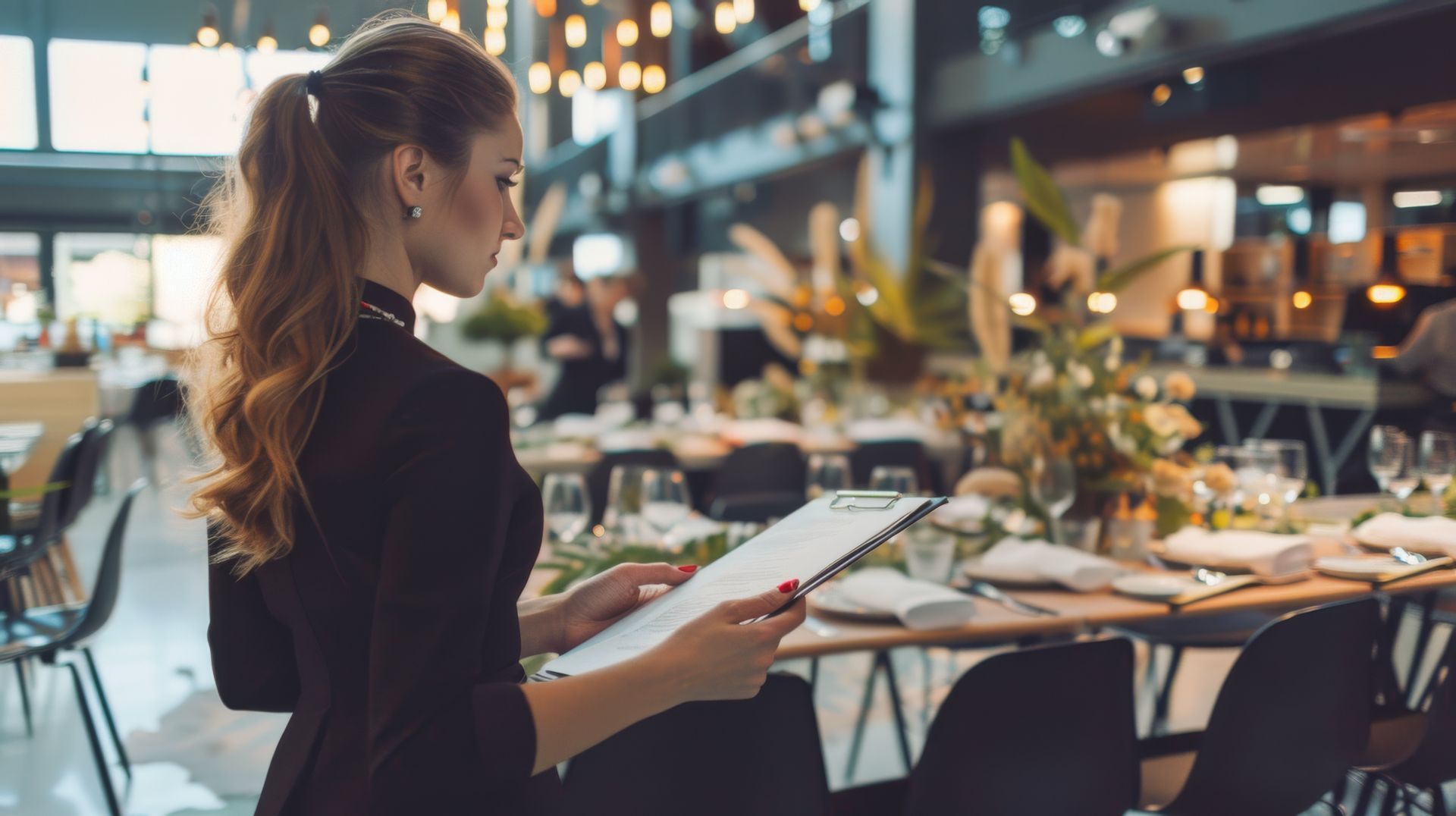 A woman is looking at a menu in a restaurant.