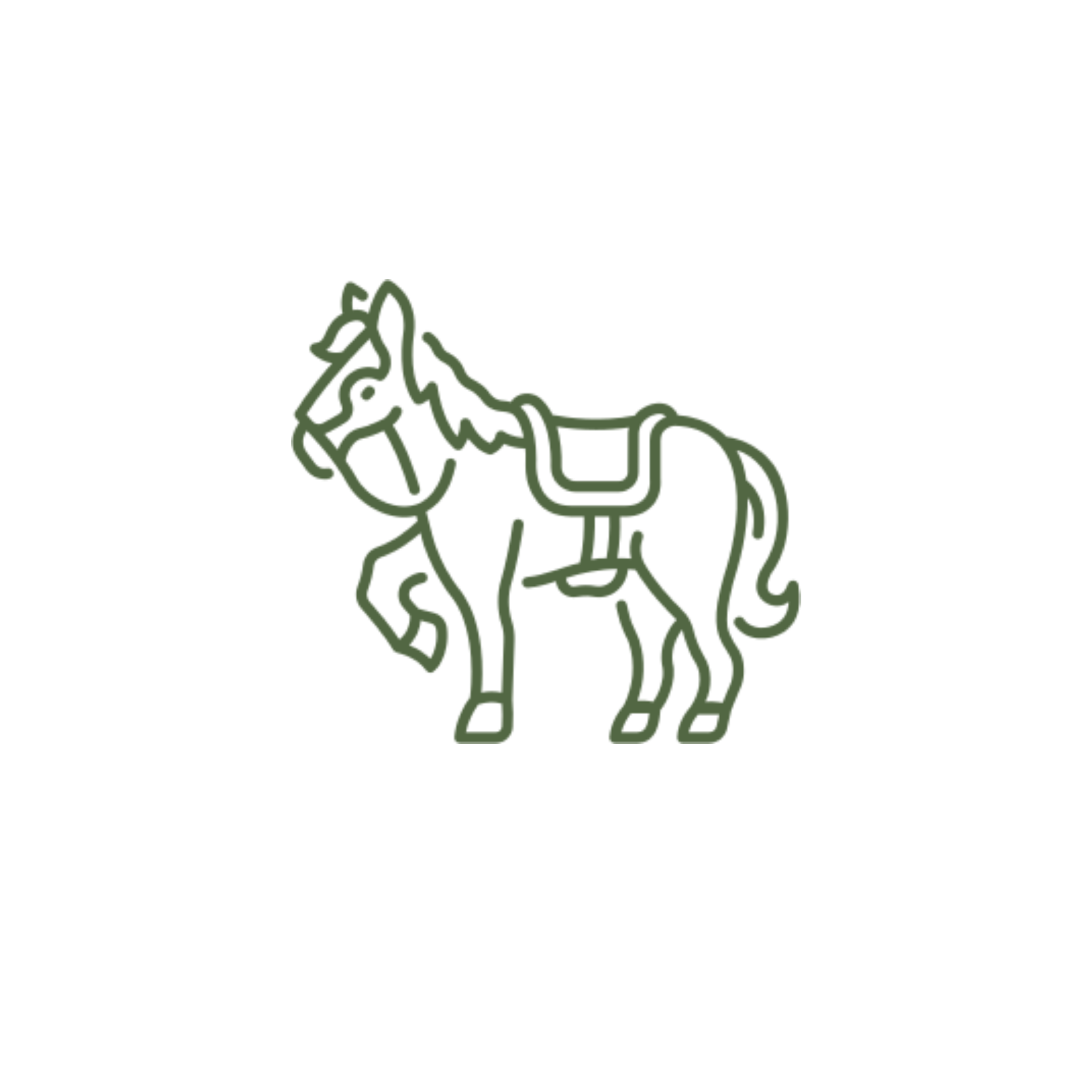 Outline of a horse with a saddle, facing left, with one front leg raised.