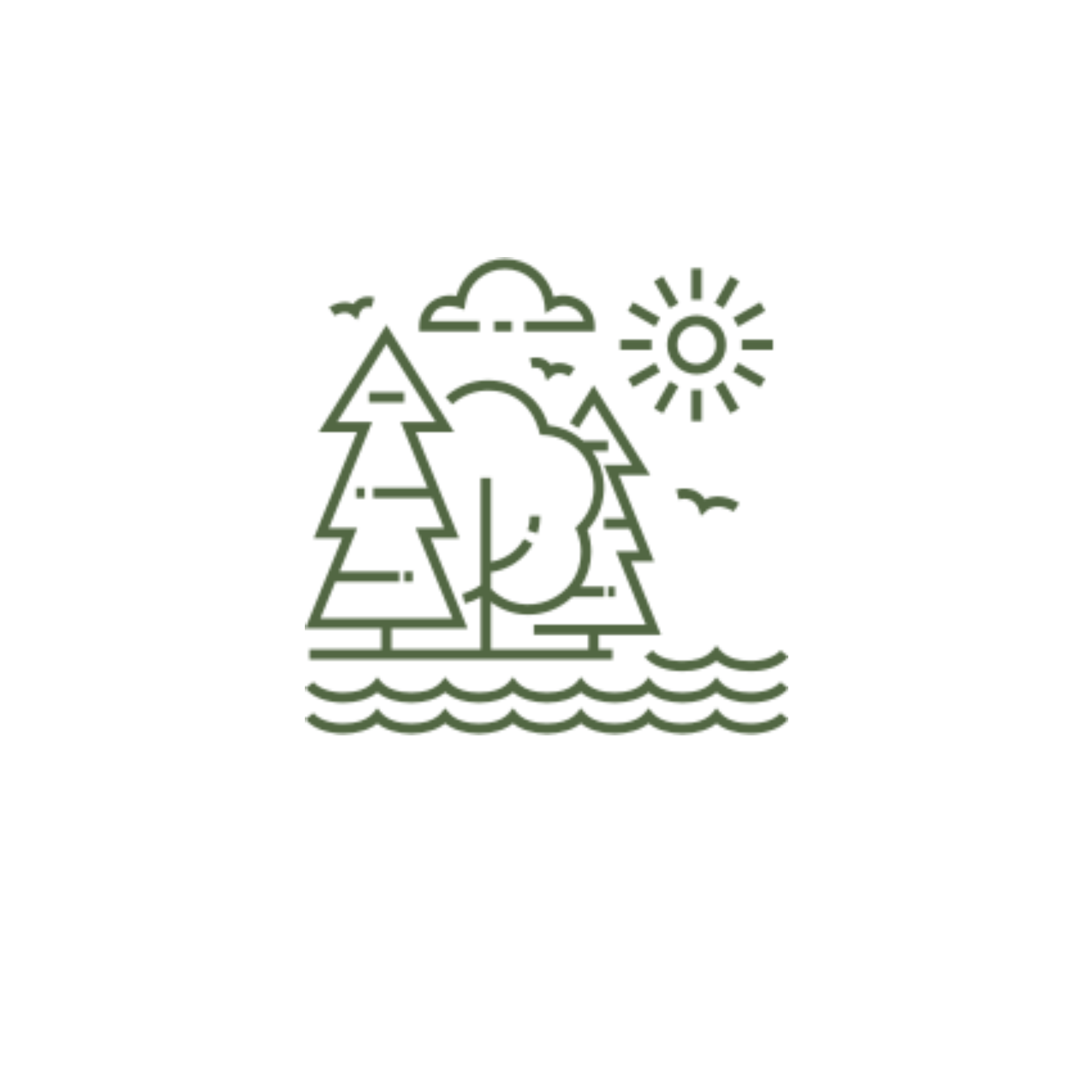 Line drawing of trees, sun, clouds, birds, and water.