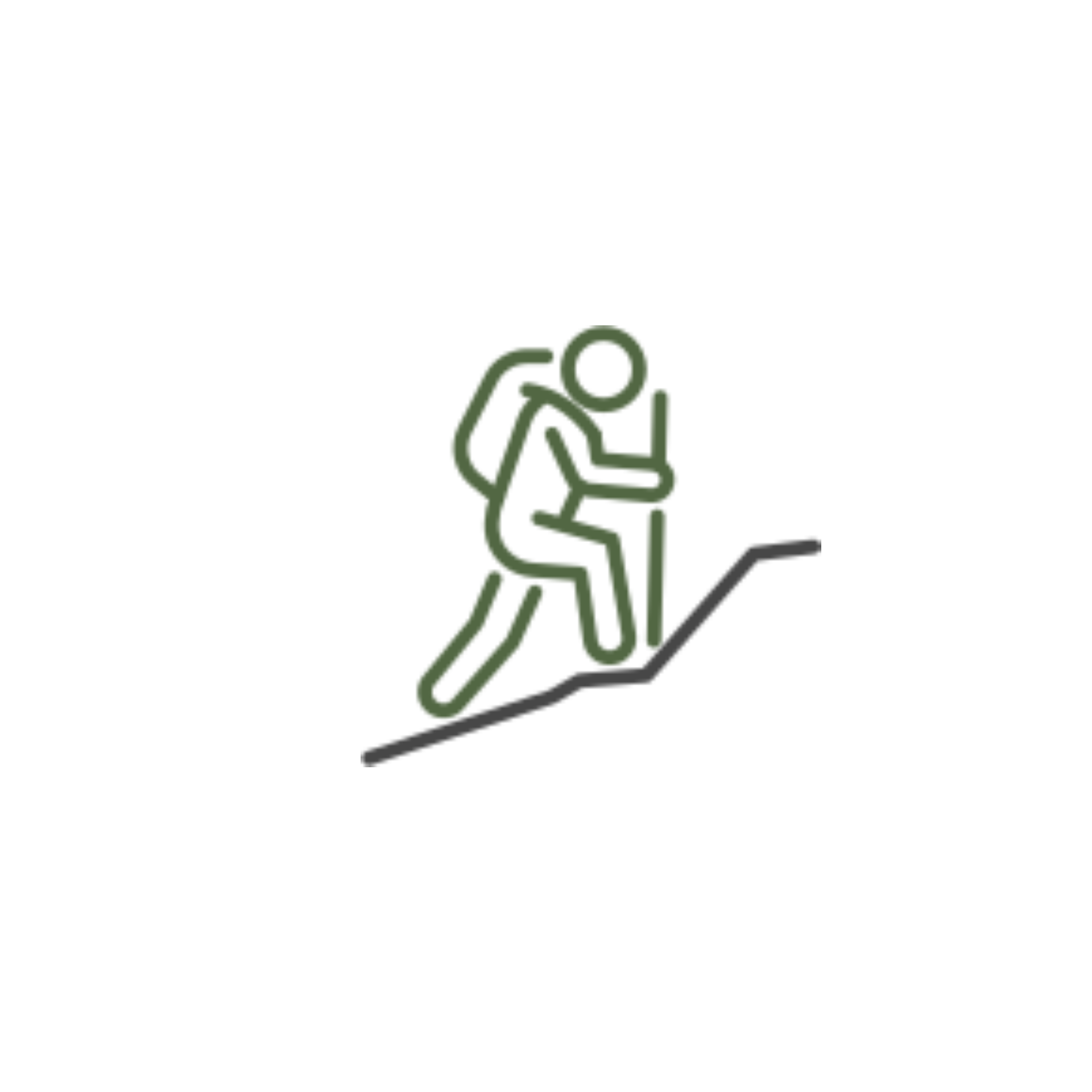 Green line drawing of a person with a backpack hiking up a hill with a walking stick.