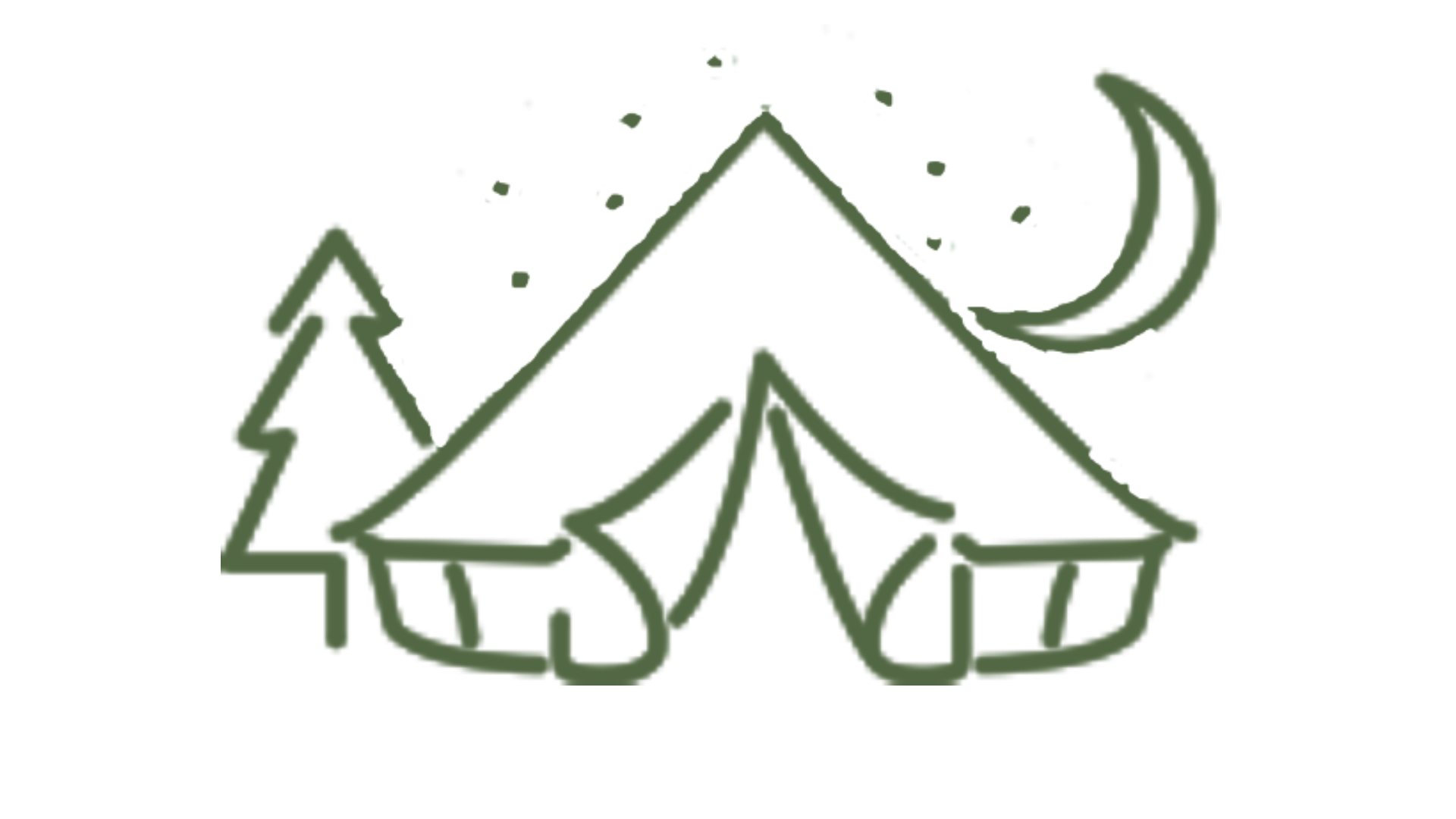 Green line drawing of tent, tree, moon, and stars, representing camping at night.