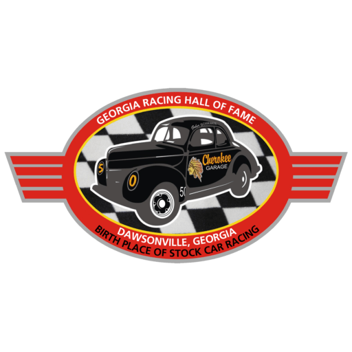 Emblem for Georgia Racing Hall of Fame. Features a black car, checkered background, and text.