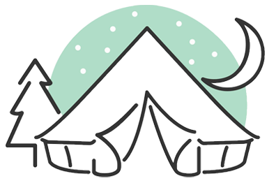 Camping tent with pine tree, moon, and stars in a teal night sky.