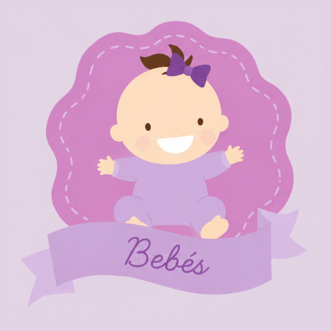 Linda ilustración de un bebé sobre un fondo morado con una cinta que dice “Bebés”.