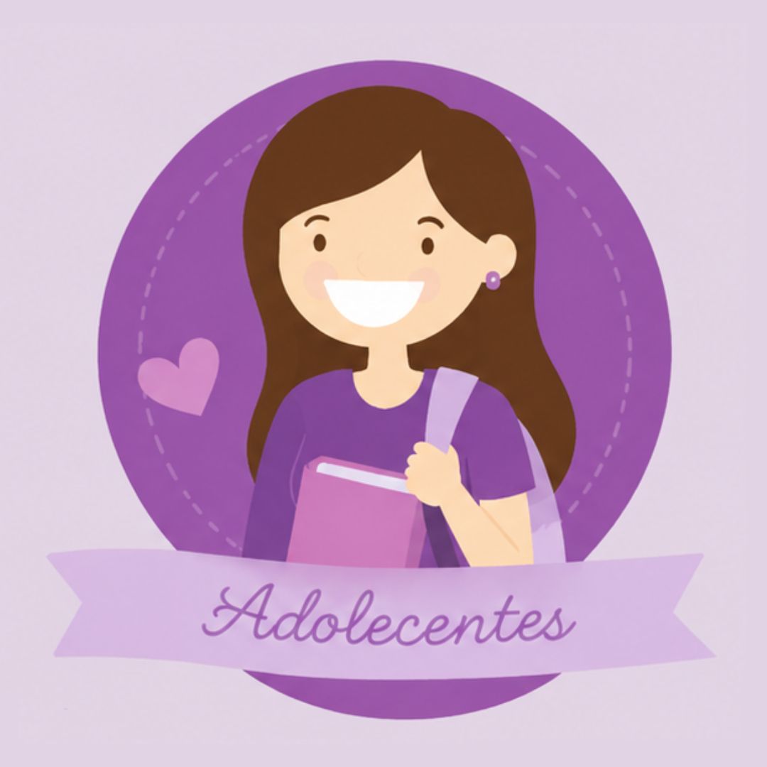 Ilustración morada de un adolescente sonriente sosteniendo un libro, con un corazón y la palabra