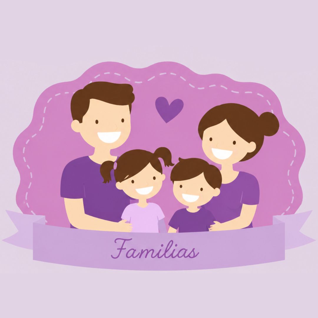 Familia de cuatro personas en dibujos animados, vestida de morado, con un corazón y una cinta que dice