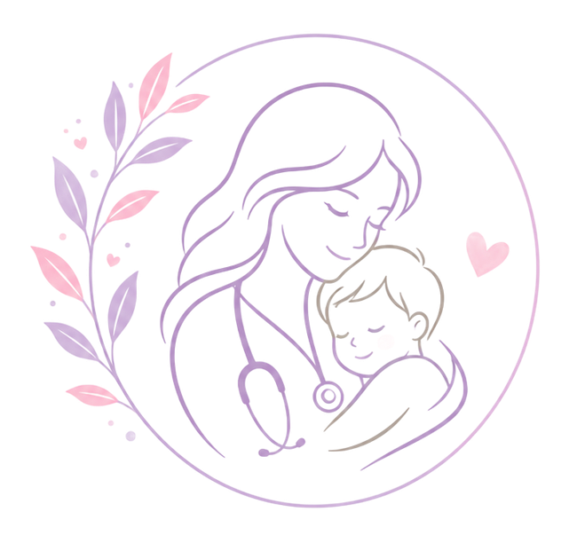 Dibujo lineal en tonos pastel de una madre abrazando a su hijo, con un estetoscopio y detalles florales en forma de corazón.