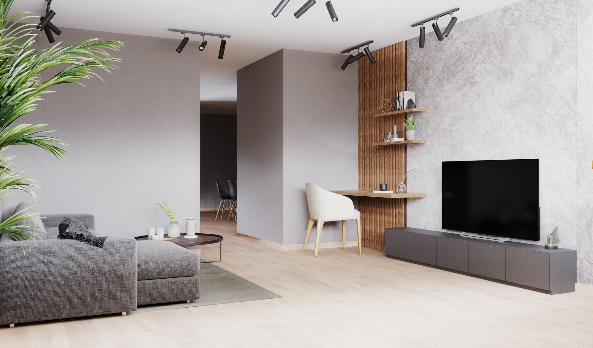 Modern living room with gray sofa, wooden accent wall, and flat-screen TV.