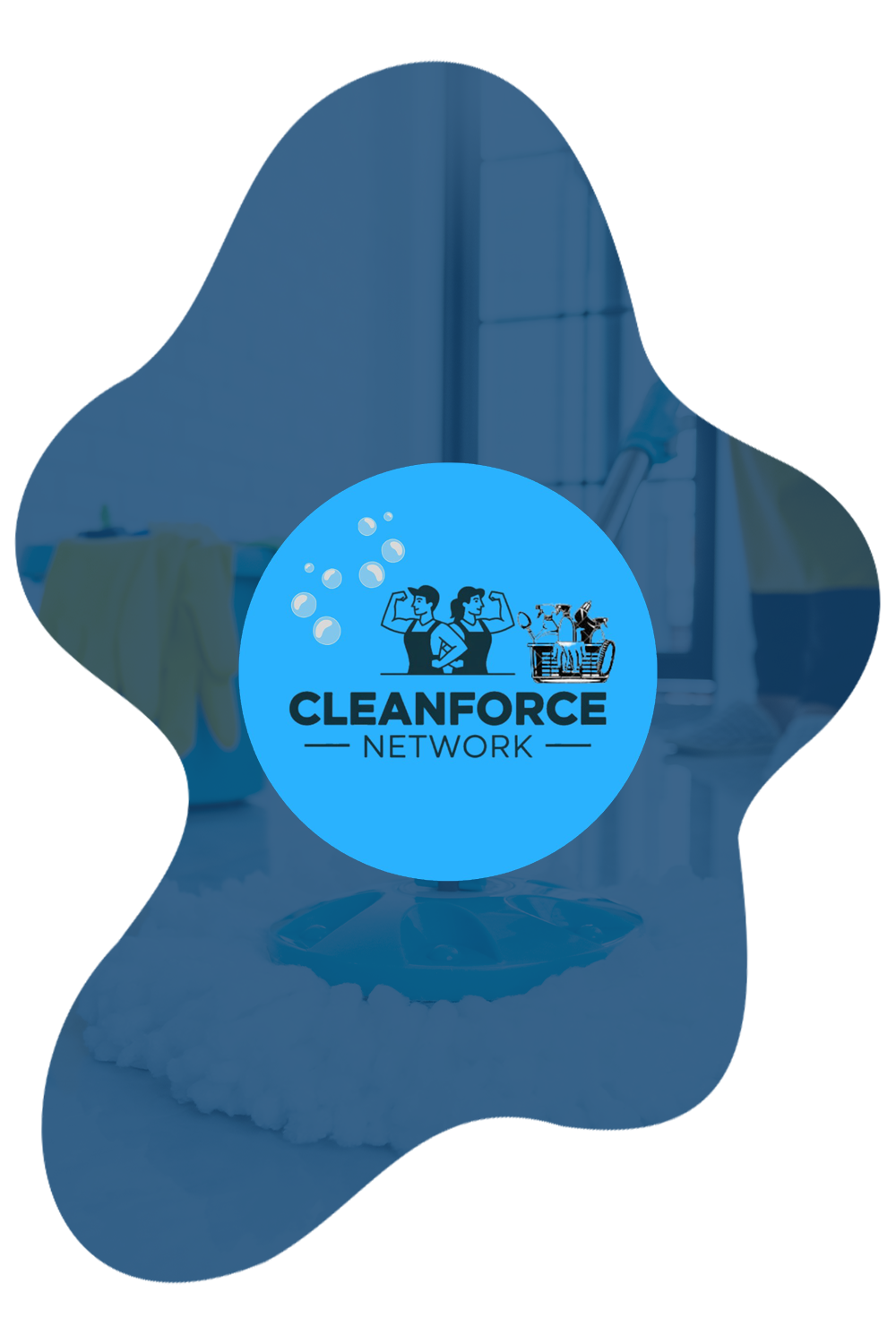 Blue abstract shape with cleaning supplies, logo: Cleanforce Network.