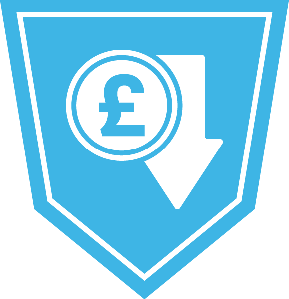 A blue shield with a pound sign and an arrow pointing down