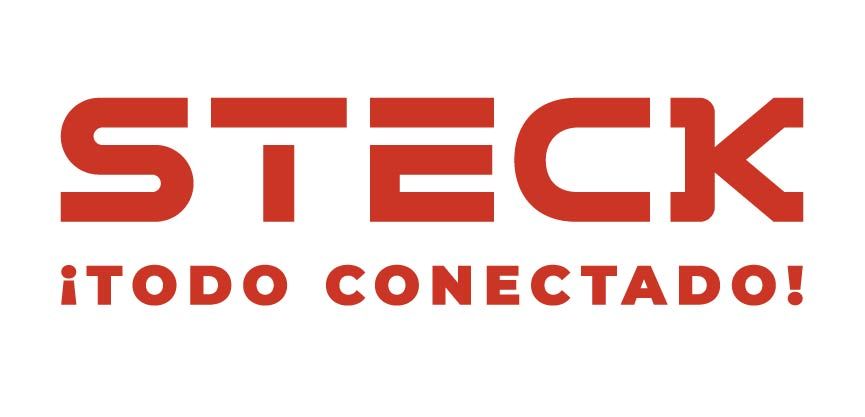 Un logotipo rojo y blanco para steck está sobre un fondo blanco.
