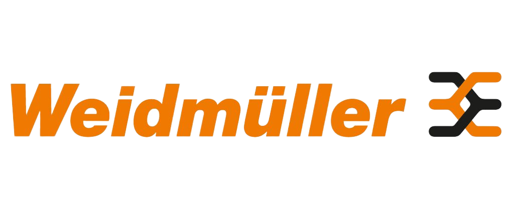 Logotipo de Weidmüller: texto naranja y diseño estilizado entrelazado en negro y naranja.