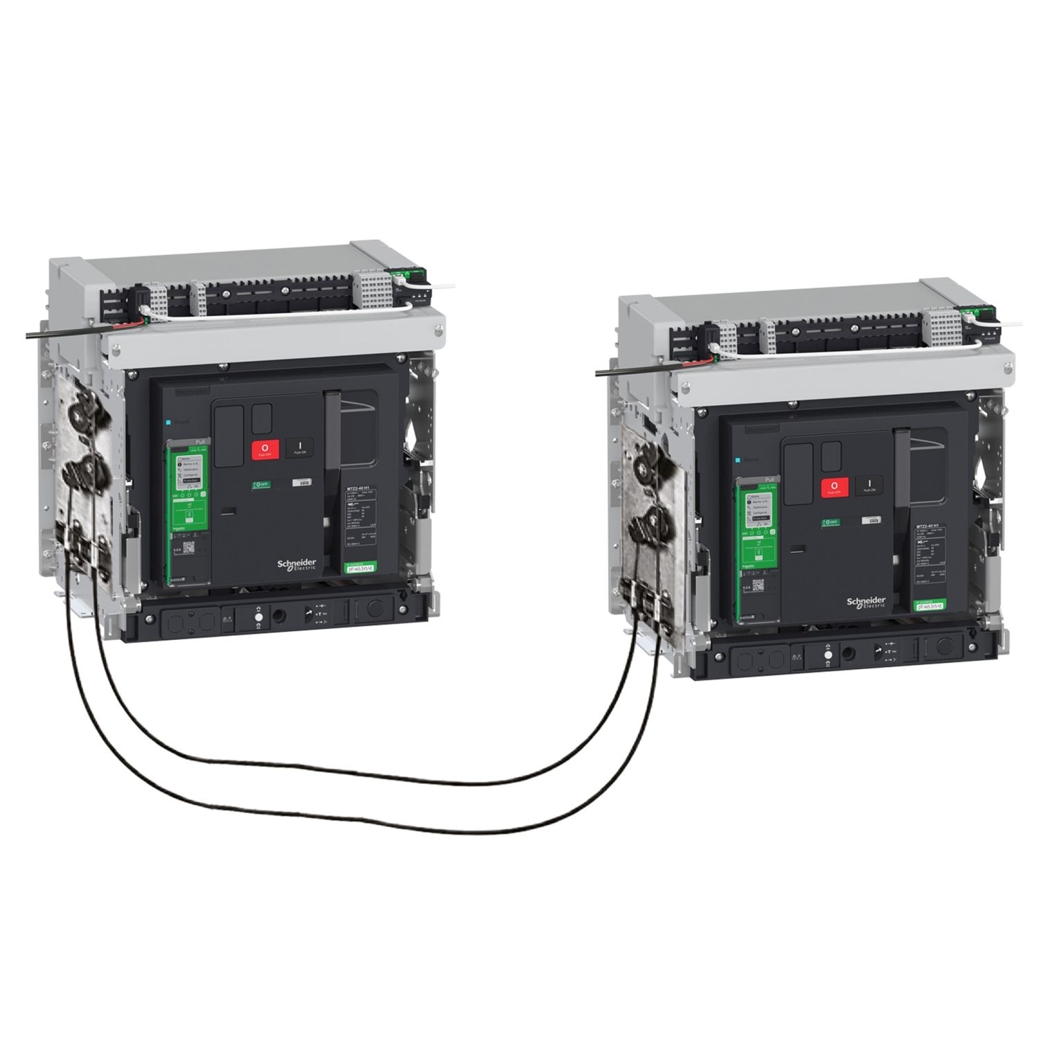 Dos disyuntores eléctricos conectados mediante cables.