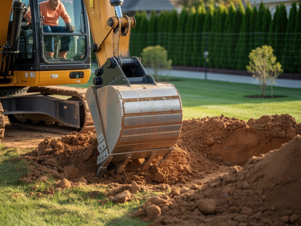 Excavator digging in yard; operator in cab. Bucket scoops up brown soil. Green grass, fence, and trees in background.