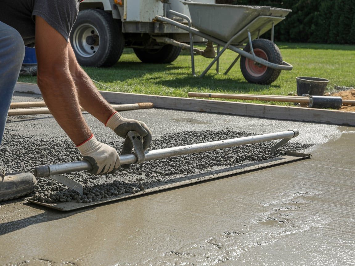Person using a screed to level wet concrete in an outdoor setting.