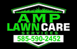 Logo for AMP Lawn Care Services: green text, grass outline, phone number on black background.