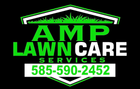 Logo for AMP Lawn Care Services: green text, grass outline, phone number on black background.