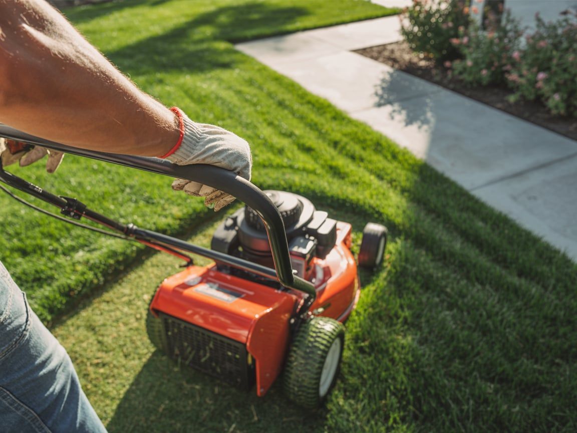 Person mowing a green lawn with an orange lawnmower next to a sidewalk on a sunny day.