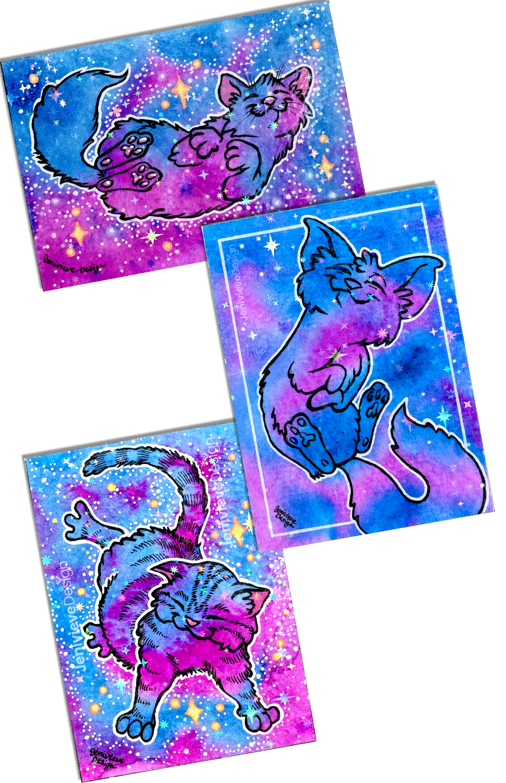 A selection of Jenivieve Design's Galaxy Cat ACEOs, from Series 1.