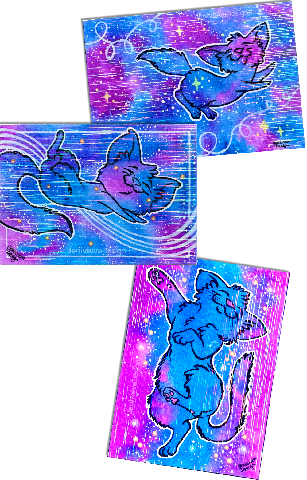A selection of Jenivieve Design's Galaxy Cat ACEOs, from Series 1.