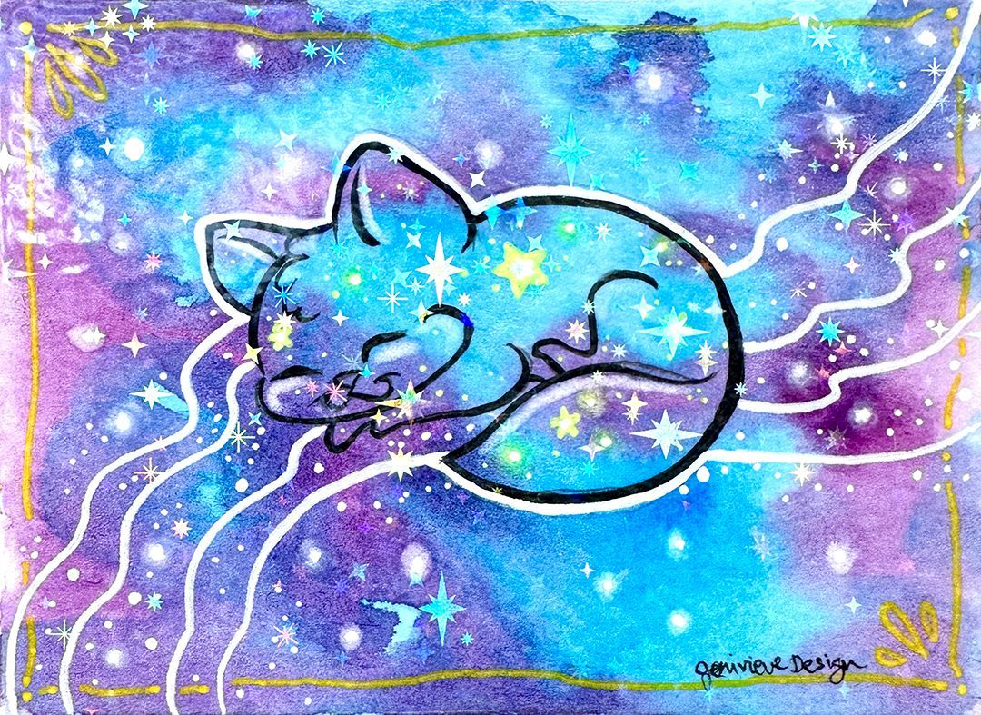One of Jenivieve Design's original Series 1 Galaxy Cat ACEOs. A space cat floats lazily through the watercolor stars.