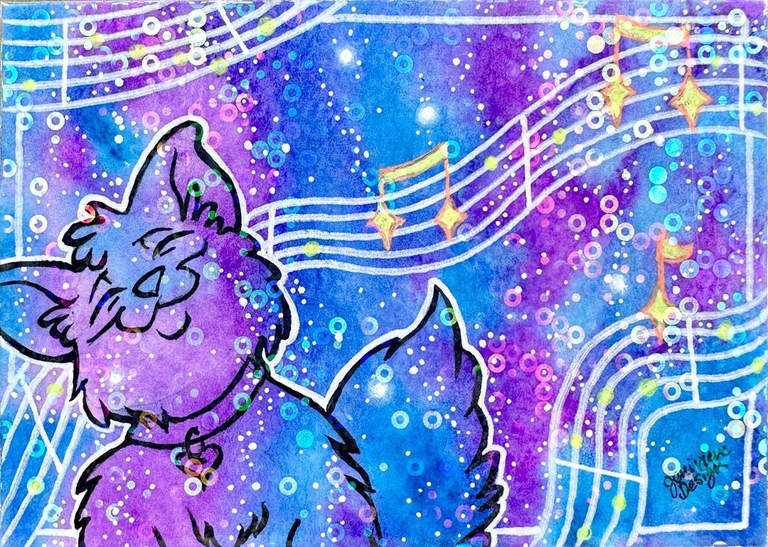One of Jenivieve Design's original Series 1 Galaxy Cat ACEOs. A space cat floats lazily through the watercolor stars.