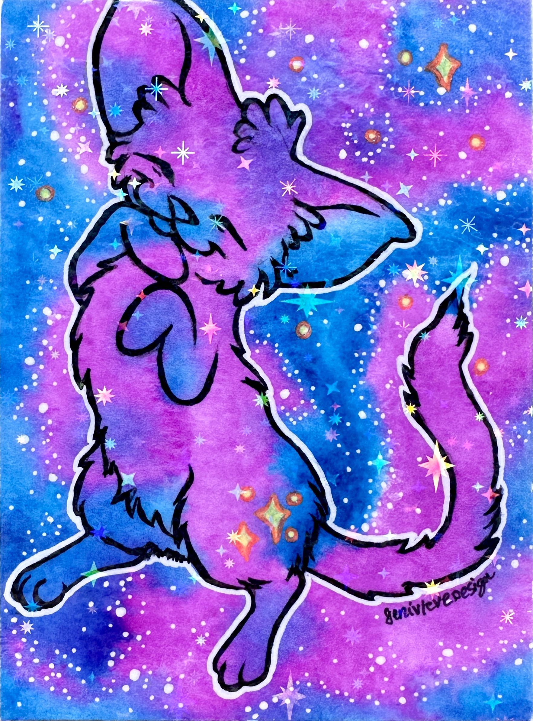 One of Jenivieve Design's original Series 1 Galaxy Cat ACEOs. A space cat floats lazily through the watercolor stars.