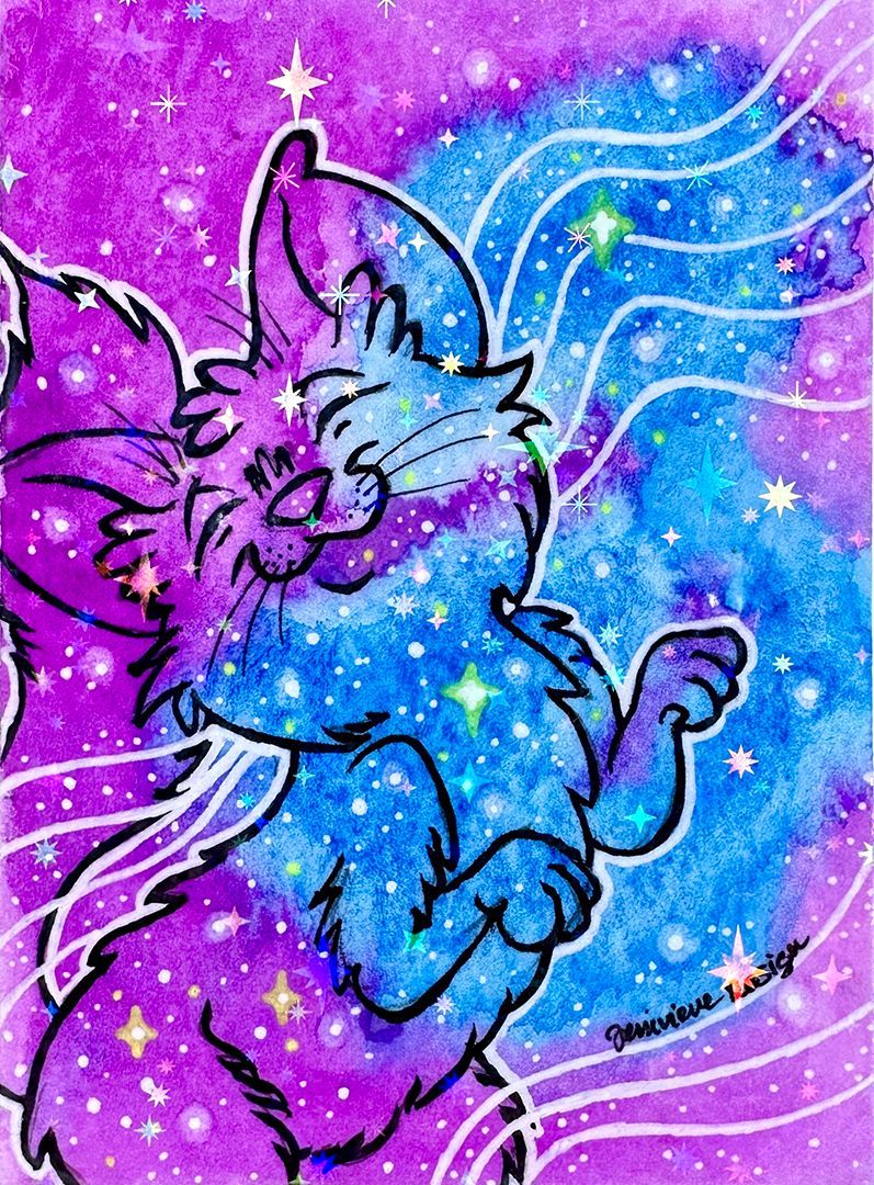 One of Jenivieve Design's original Series 1 Galaxy Cat ACEOs. A space cat floats lazily through the watercolor stars.