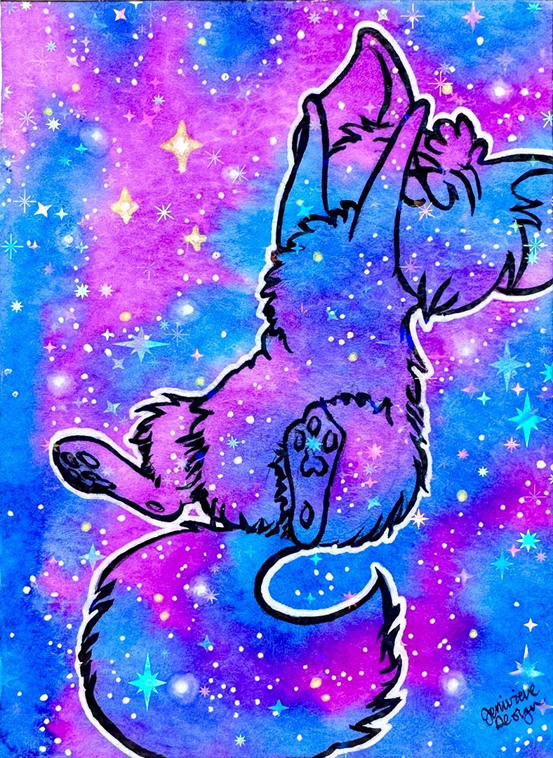 One of Jenivieve Design's original Series 1 Galaxy Cat ACEOs. A space cat floats lazily through the watercolor stars.