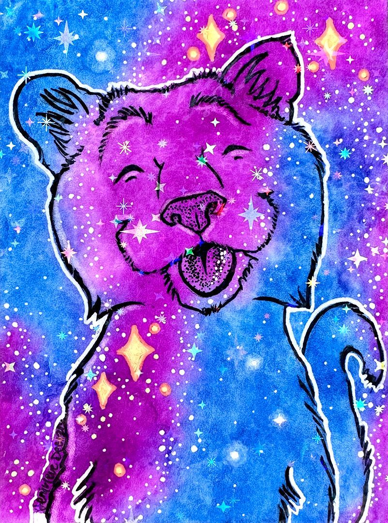 One of Jenivieve Design's original Series 1 Galaxy Cat ACEOs. A space cat floats lazily through the watercolor stars.