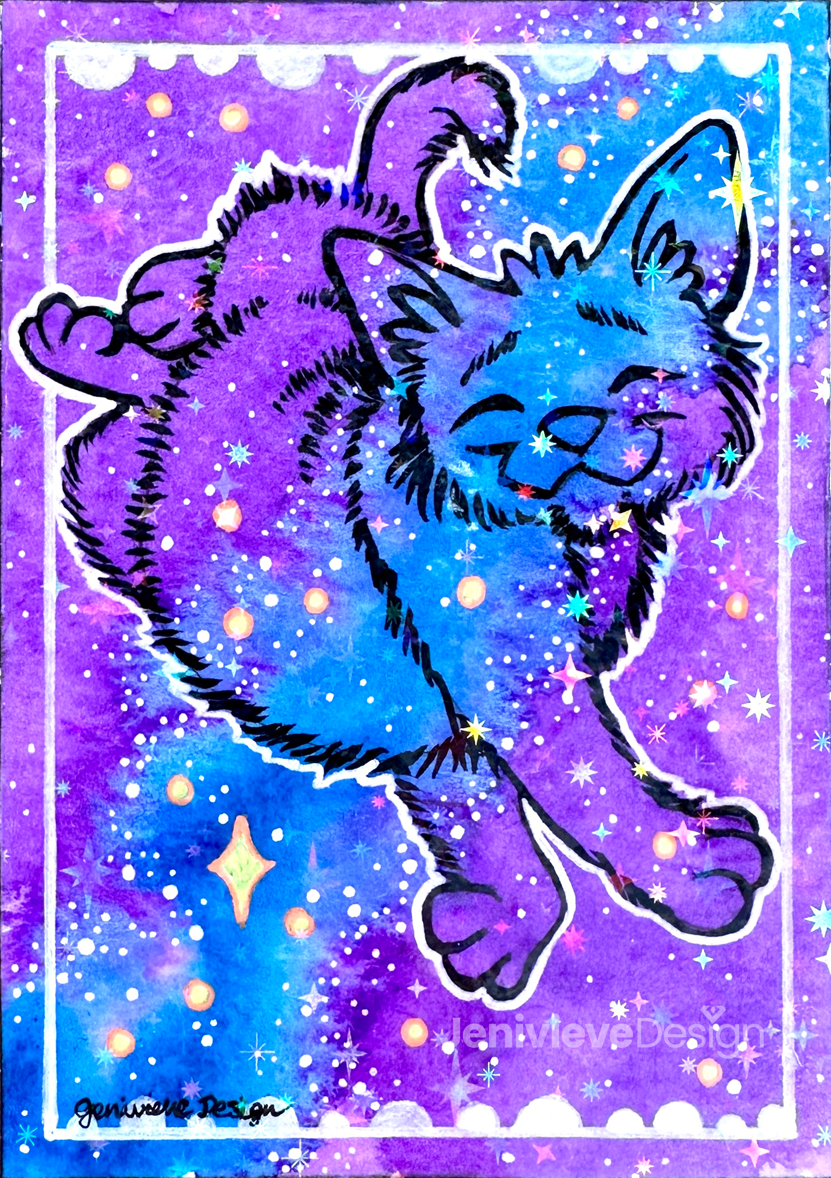 One of Jenivieve Design's original Series 1 Galaxy Cat ACEOs. A space cat floats lazily through the watercolor stars.