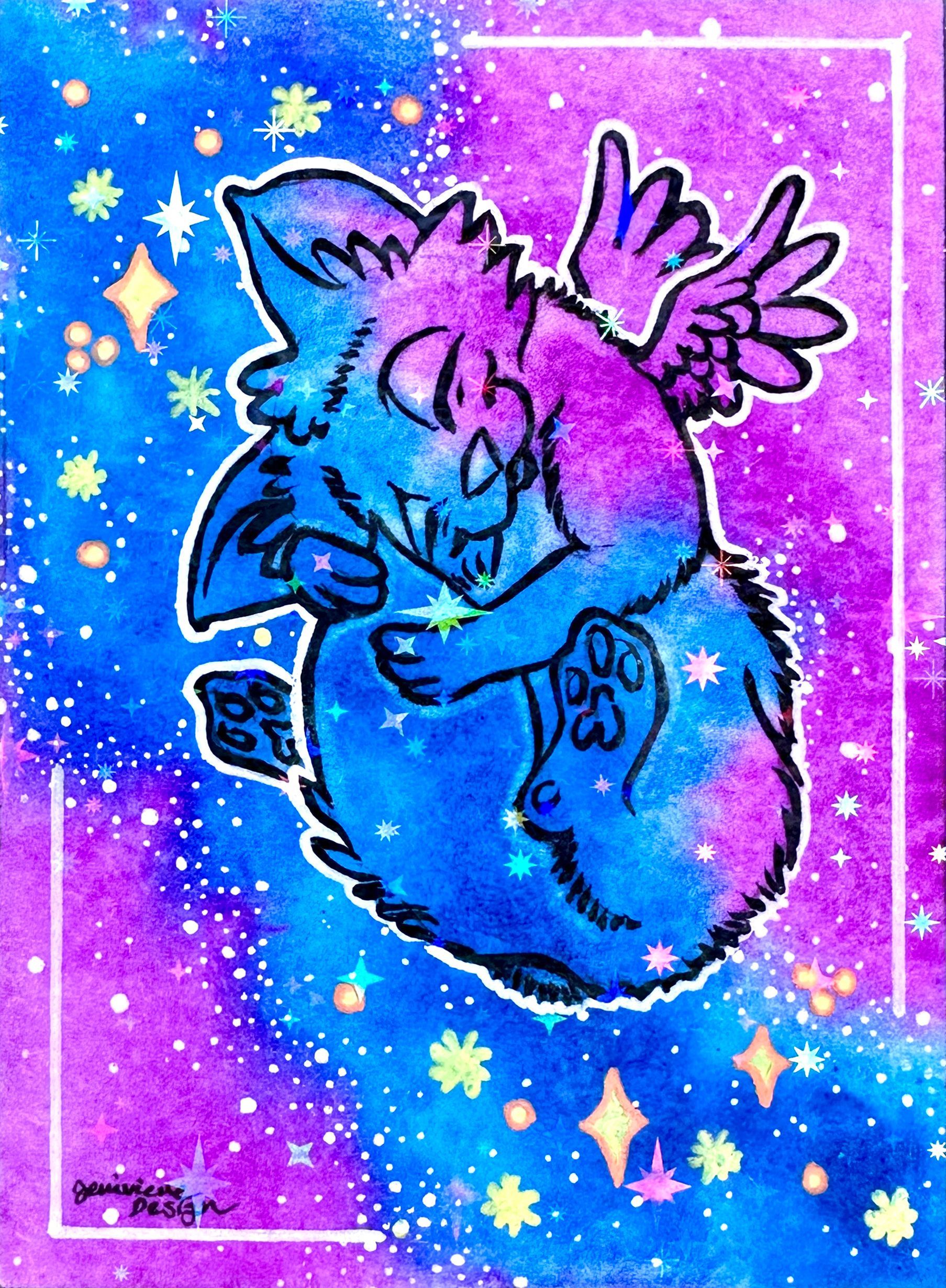One of Jenivieve Design's original Series 1 Galaxy Cat ACEOs. A space cat floats lazily through the watercolor stars.