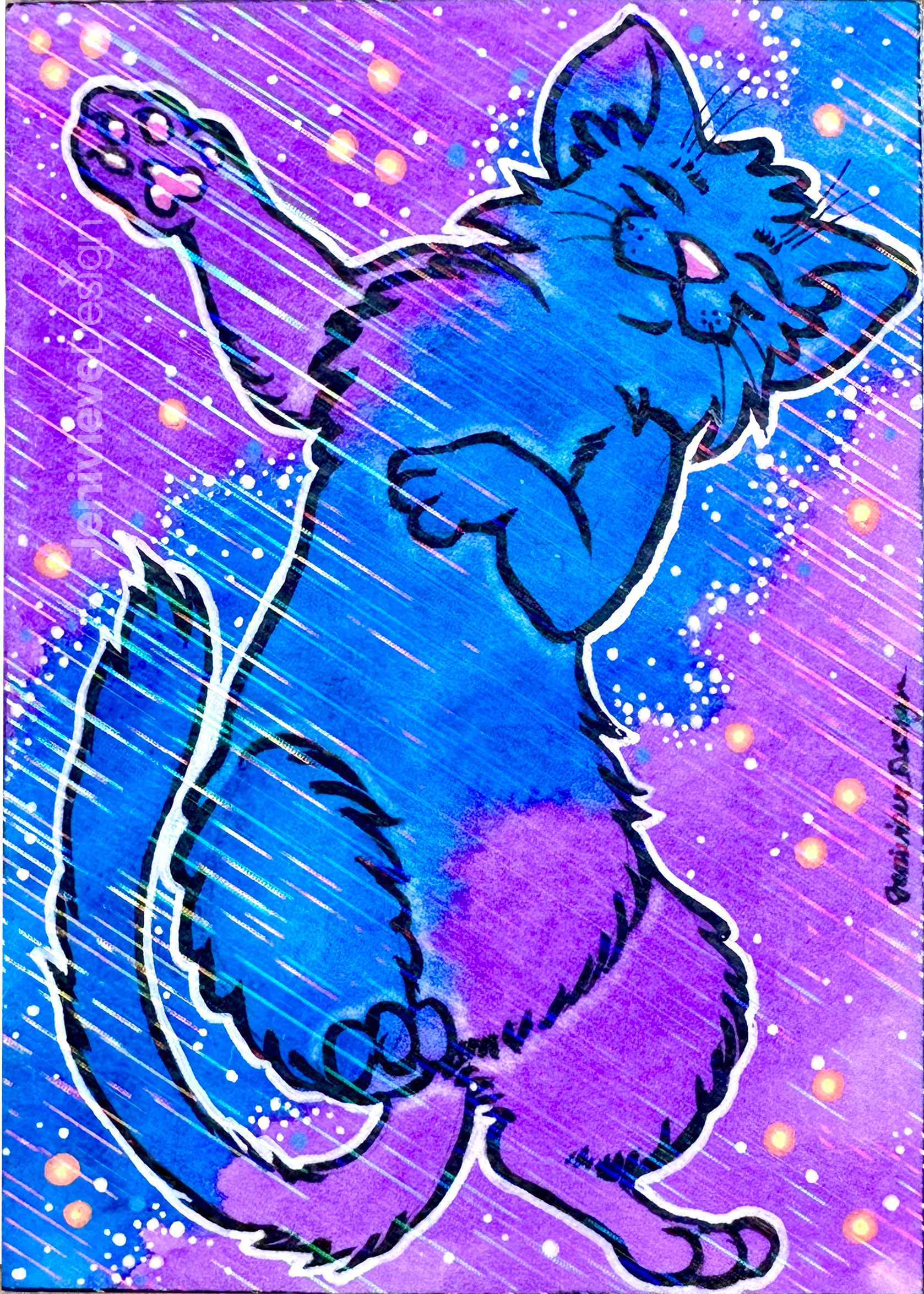 One of Jenivieve Design's original Series 1 Galaxy Cat ACEOs. A space cat floats lazily through the watercolor stars.